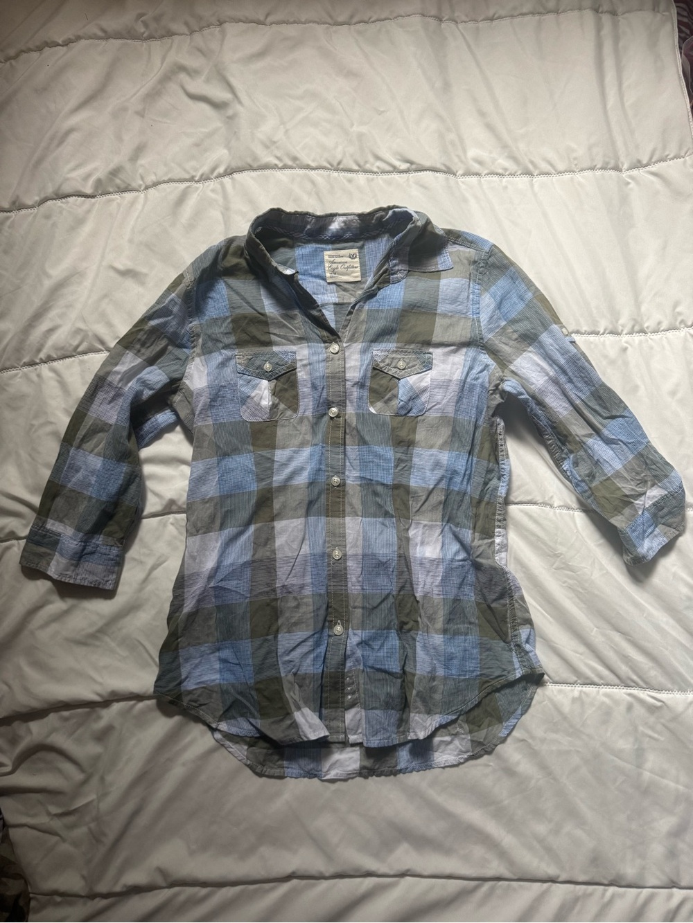 Women’s Blue and Olive Plaid Button-Down Shirt✨